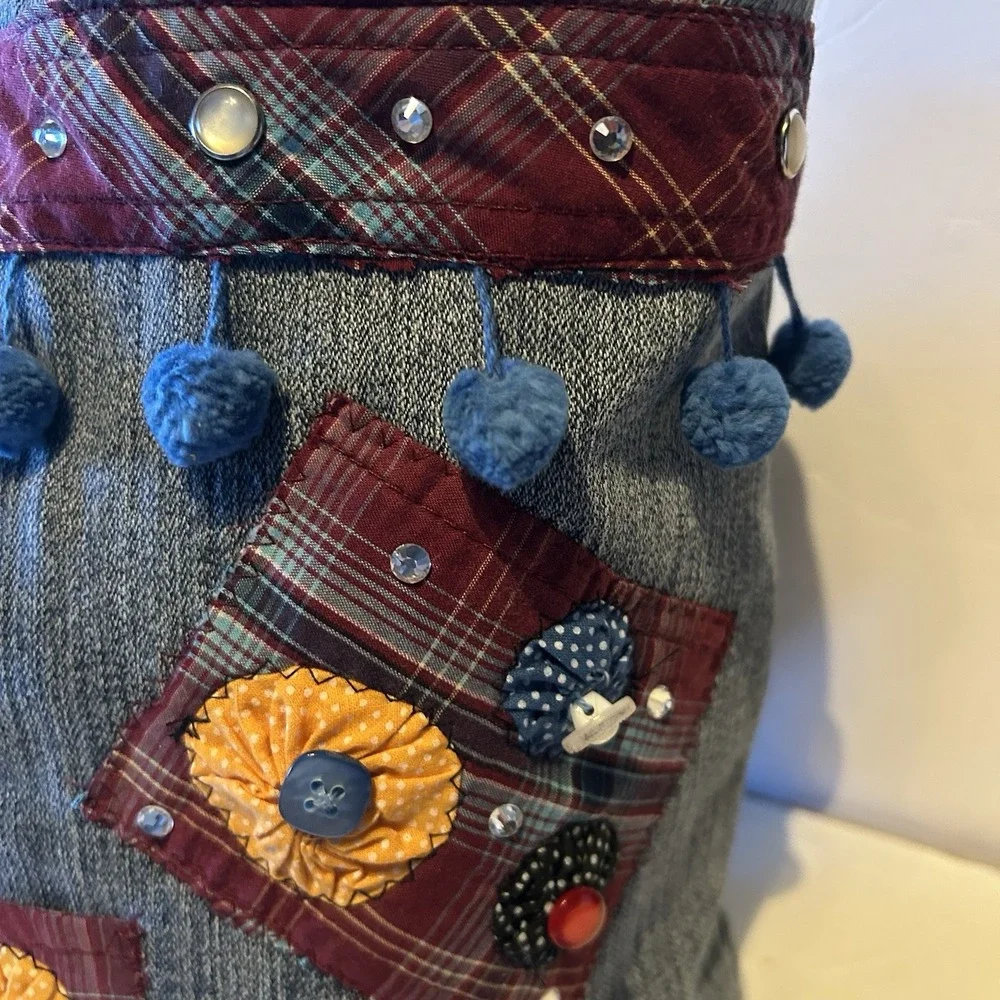 Handmade Denim Jean Bag Tote Purse Boho Upcycled Buttons Rhinestones Pearl‎